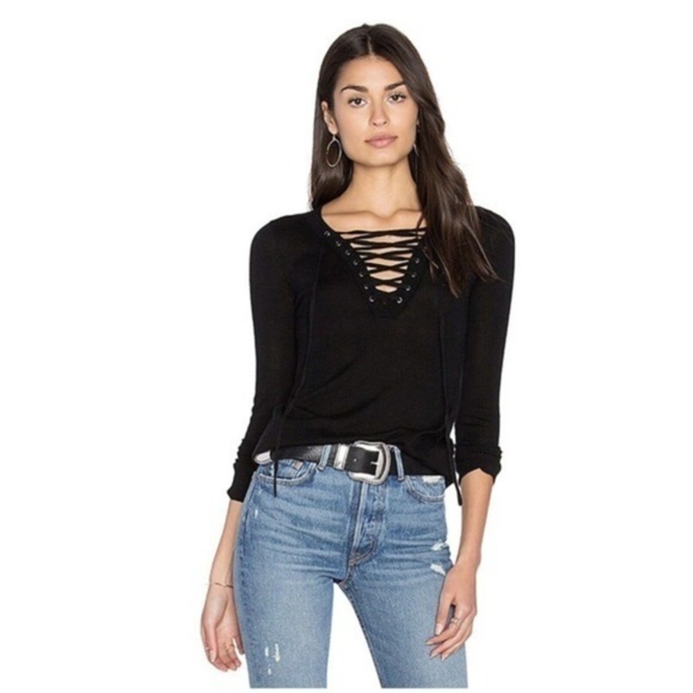 ROI Black Knit Top With Lace Up Detail Size S
